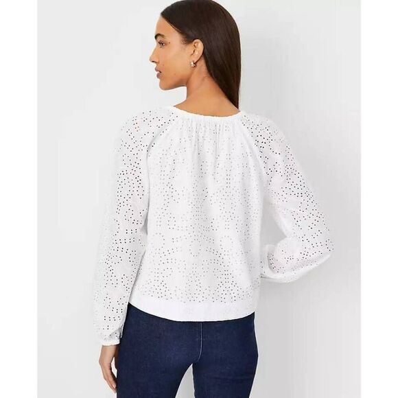 Ann Taylor Eyelet Top Women's Large White Long Raglan Sleeve Popover Blouse - Picture 3 of 11